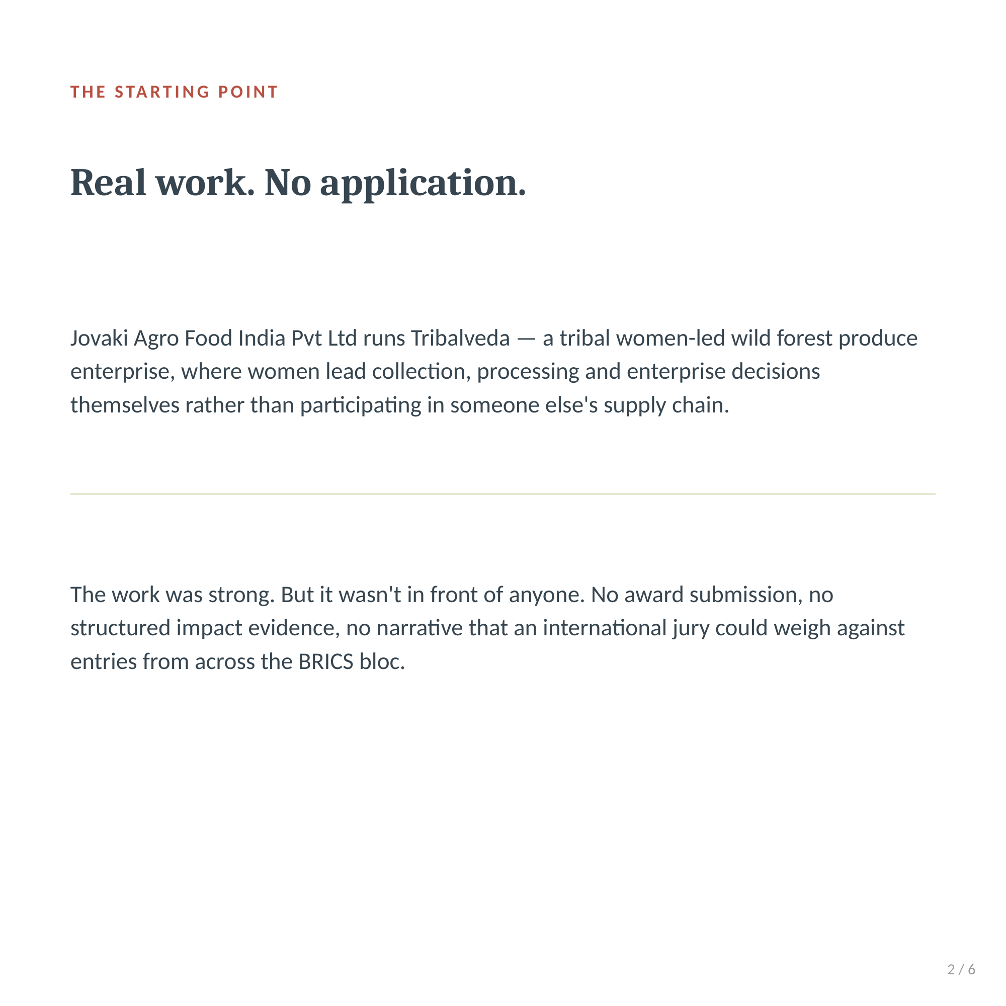 Carousel slide 2 of 6: The starting point — real work, no application