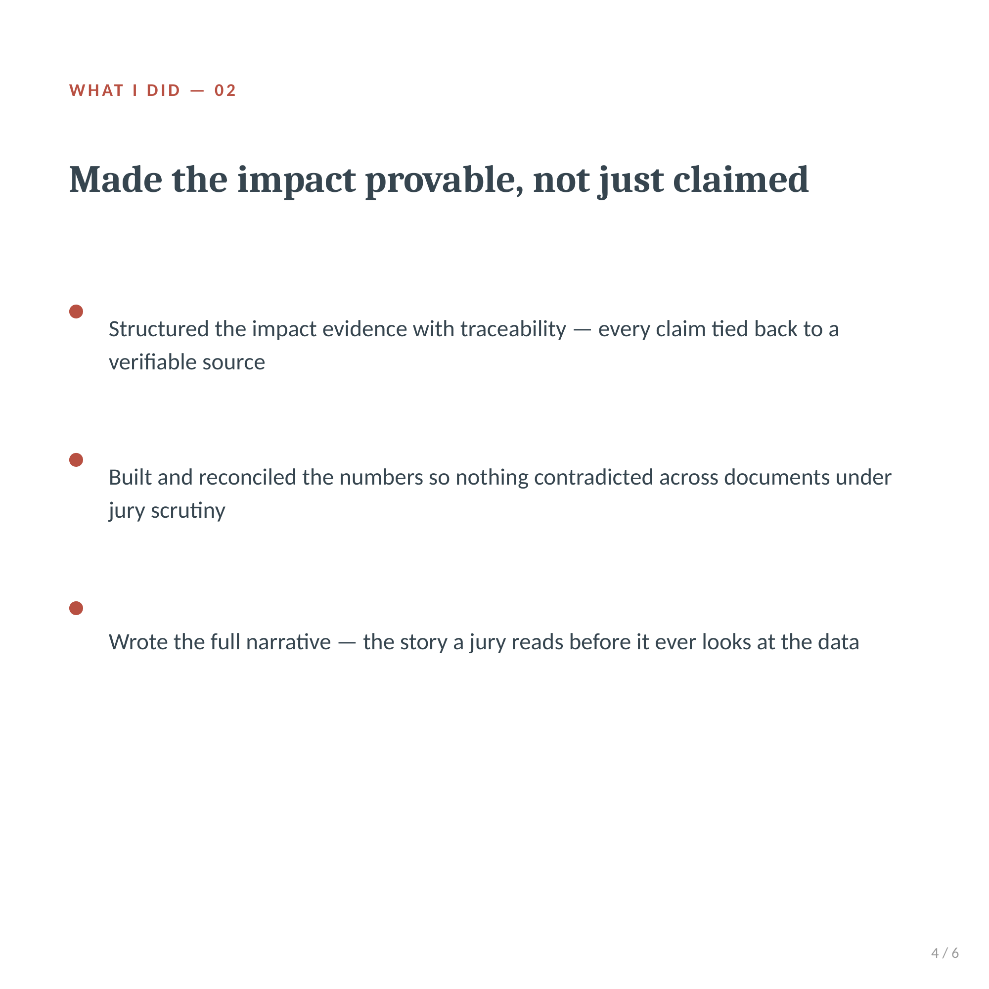 Carousel slide 4 of 6: What I did, part two — made the impact provable, not just claimed
