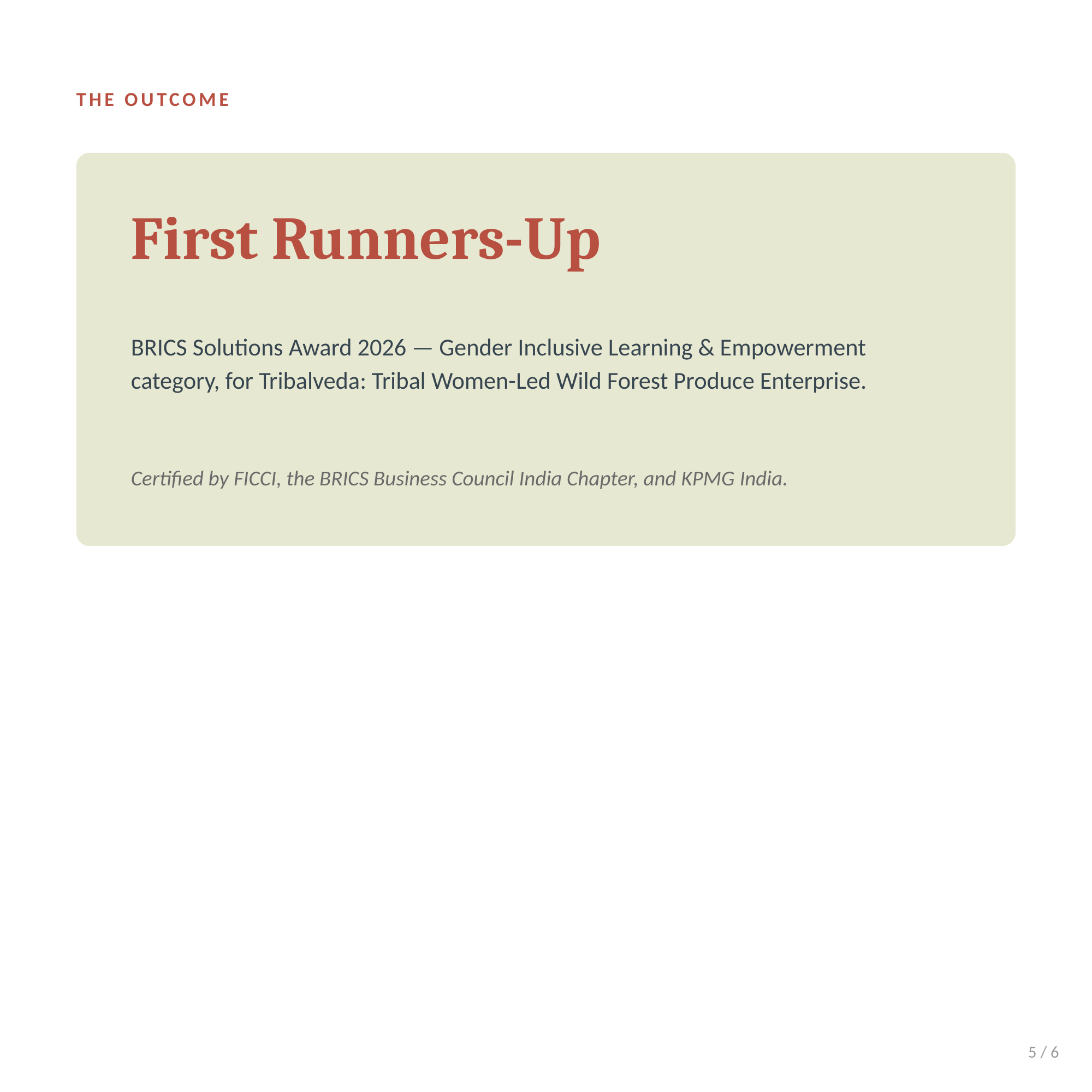 Carousel slide 5 of 6: The outcome — First Runners-Up at the BRICS Solutions Award 2026