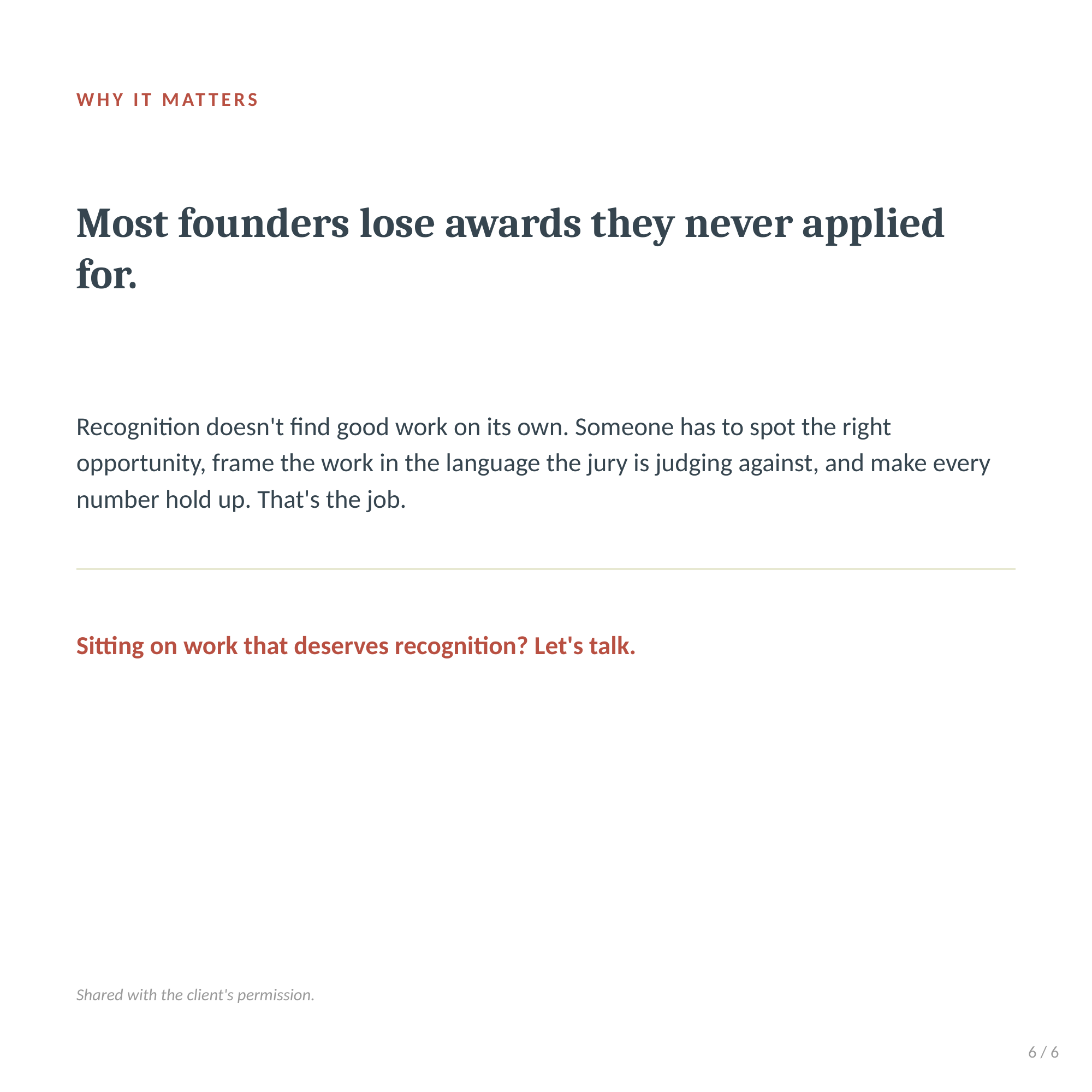Carousel slide 6 of 6: Why it matters — most founders lose awards they never applied for