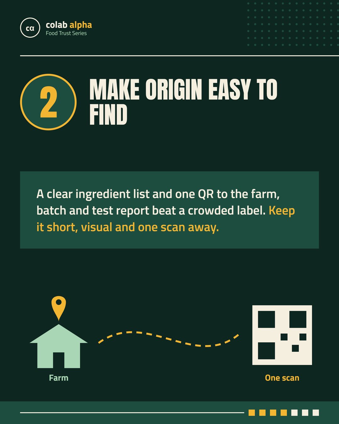 Slide 4 of 7: Lesson 2, make origin easy to find. One QR code from farm to scan.