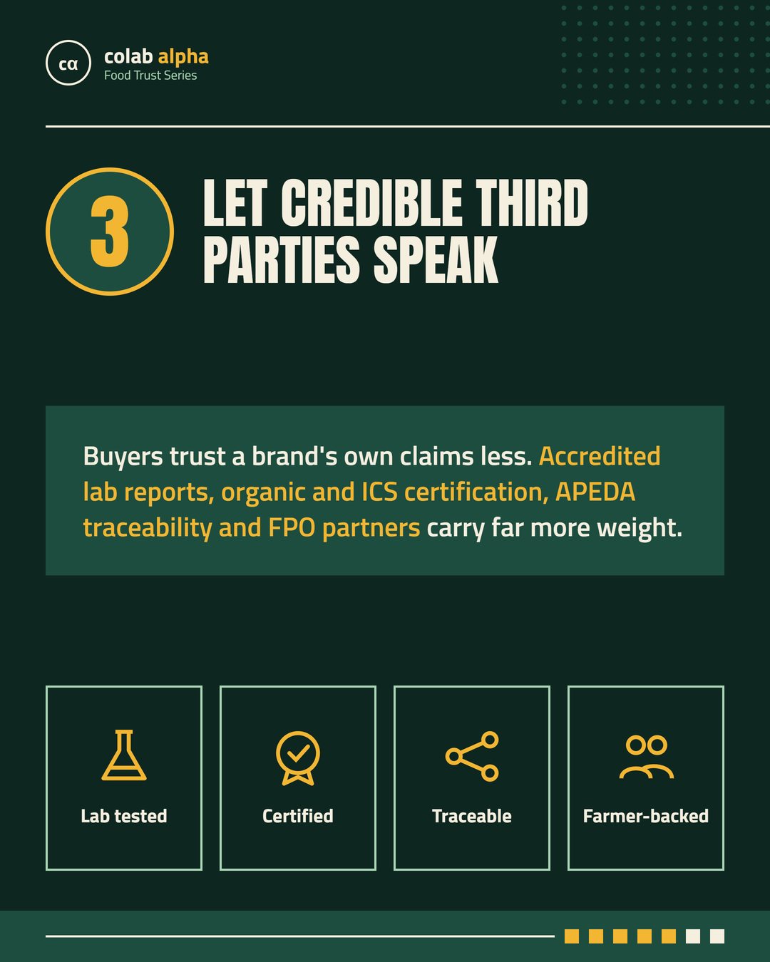 Slide 5 of 7: Lesson 3, let credible third parties speak. Lab tested, certified, traceable, farmer-backed.
