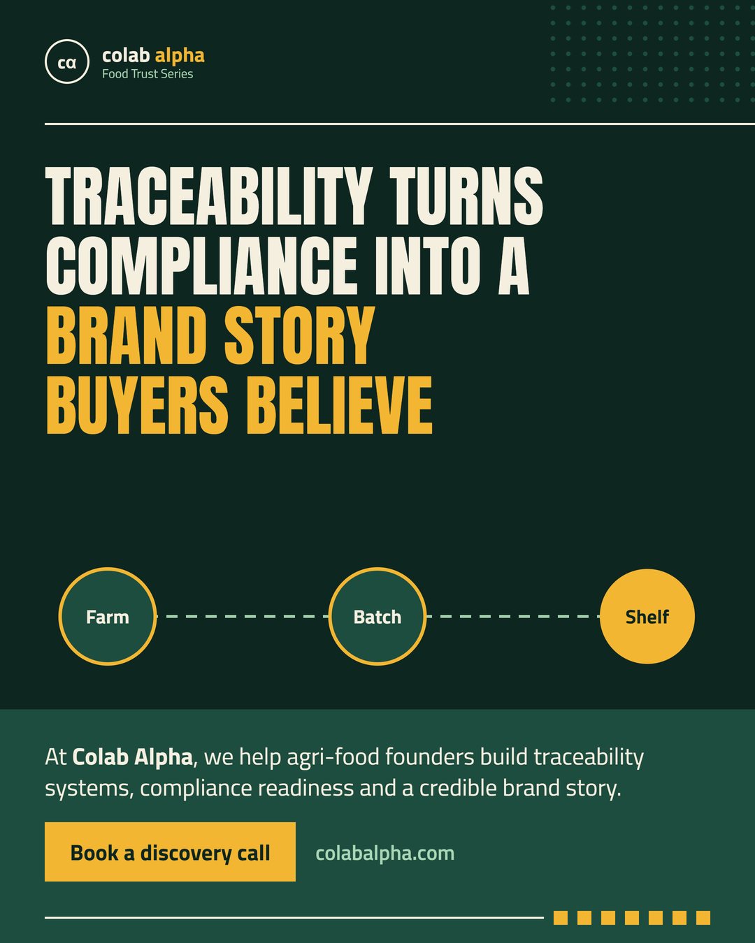 Slide 7 of 7: Traceability turns compliance into a brand story buyers believe. Farm, batch, shelf. Book a discovery call at colabalpha.com.