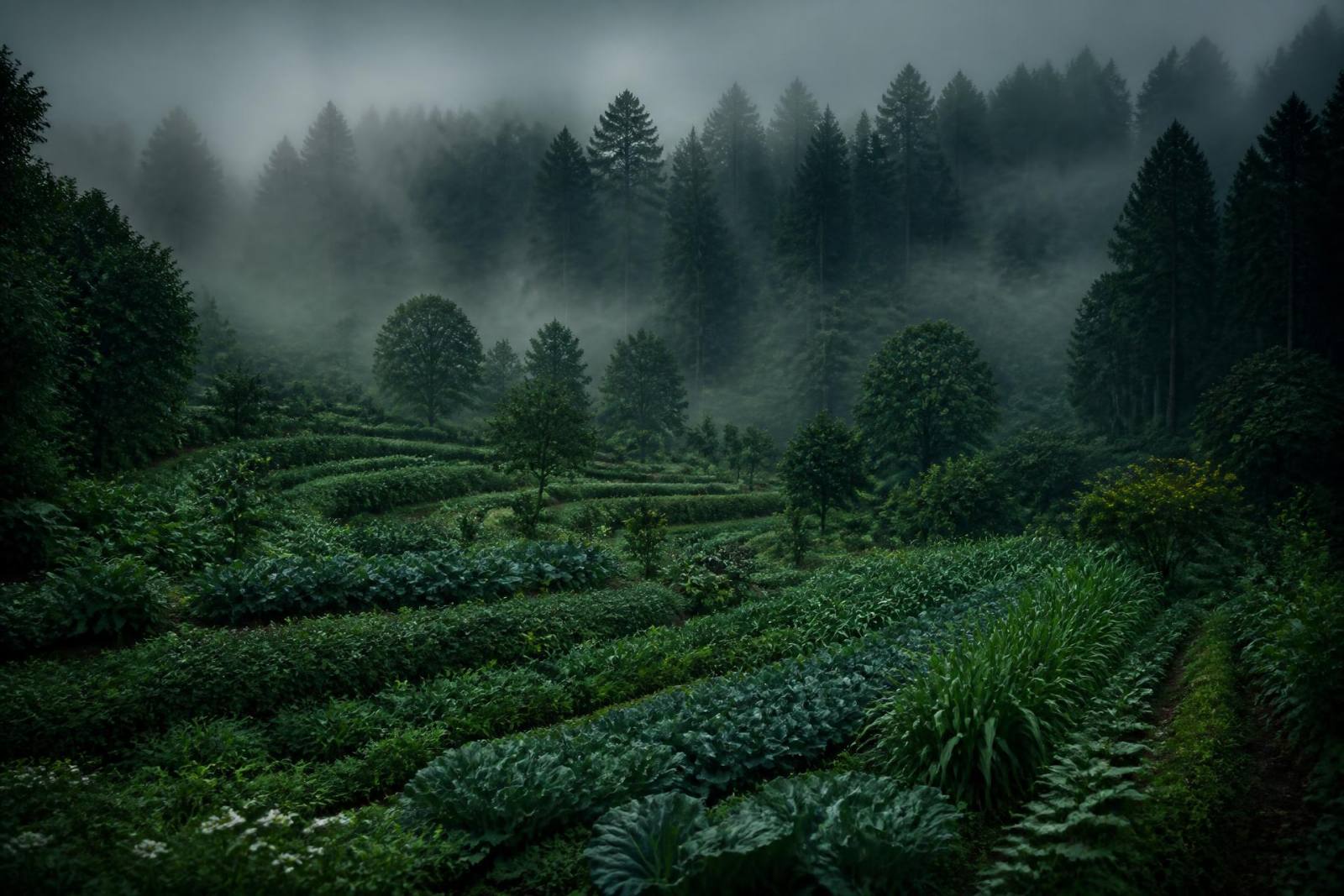 Misty regenerative farmland at the edge of a forest
